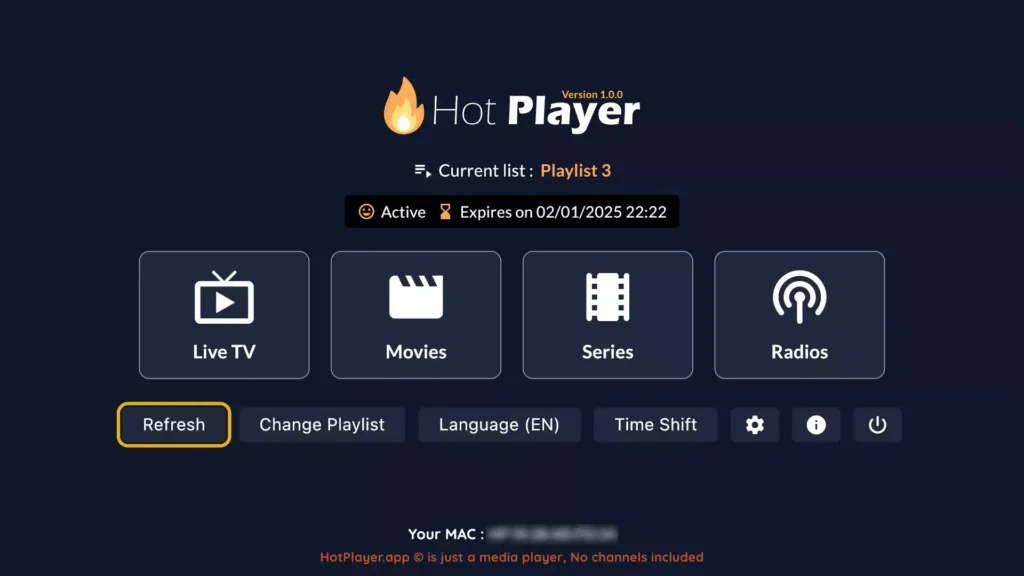 Interface of Hot Player IPTV app