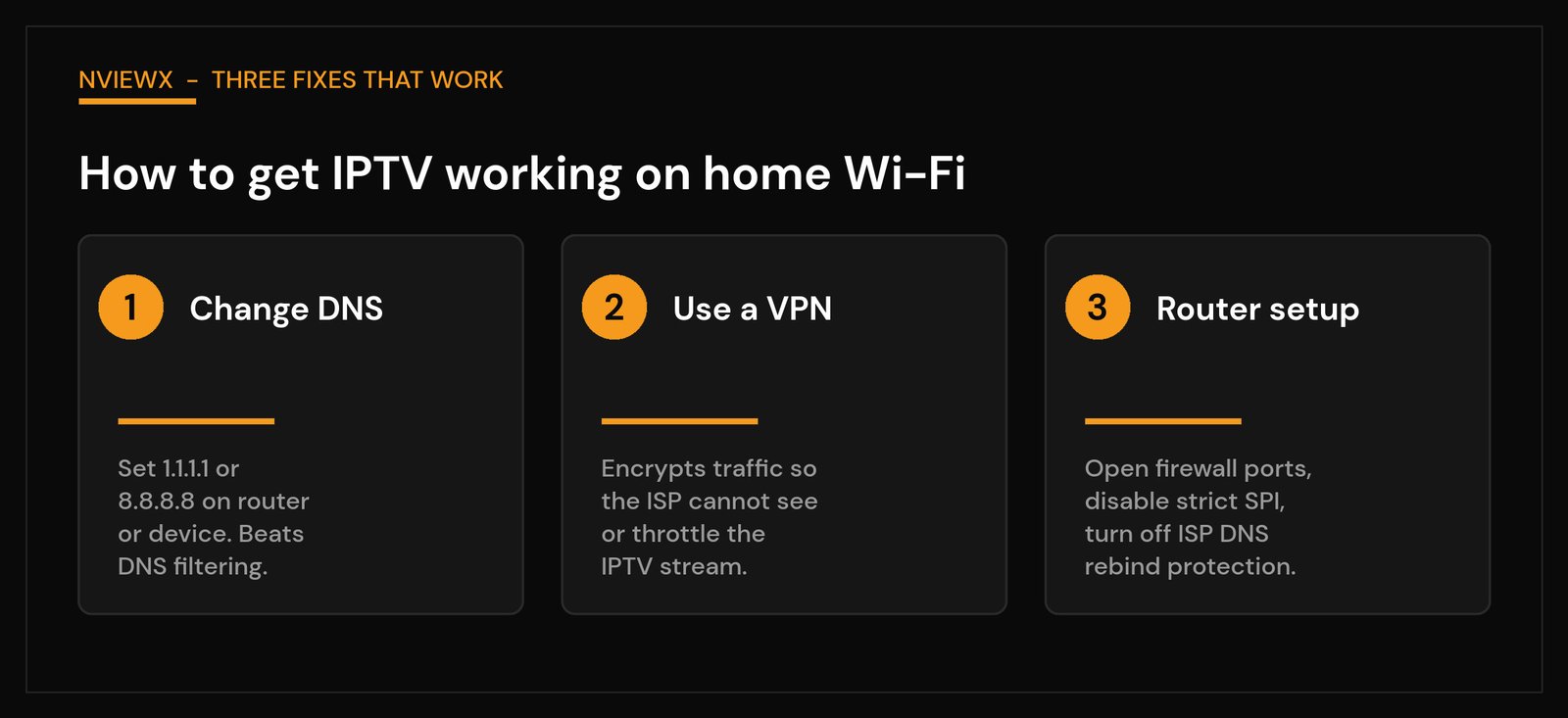Why Does IPTV Work on Hotspot but Not WiFi? Real Reason + Fix Three fixes for IPTV not working on Wi-Fi: change DNS, use a VPN, adjust router settings
