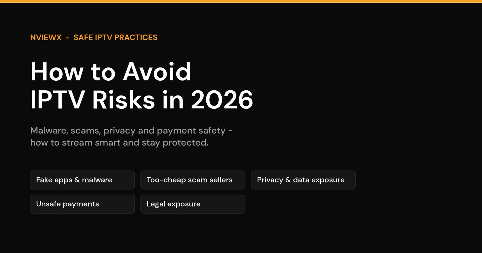 How to avoid IPTV risks in 2026 - branded cover showing the five main IPTV risks