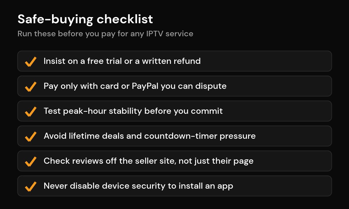 Fake IPTV Service? 10 Scam Red Flags to Check (2026) Six-step checklist to buy an IPTV service safely and avoid scams