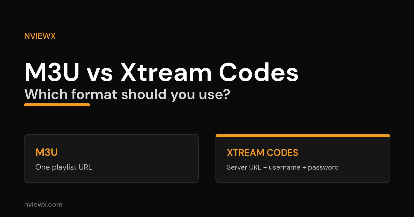 M3U vs Xtream Codes: Which IPTV Format Should You Use? M3U vs Xtream Codes comparison hero - one playlist URL versus a server login for IPTV