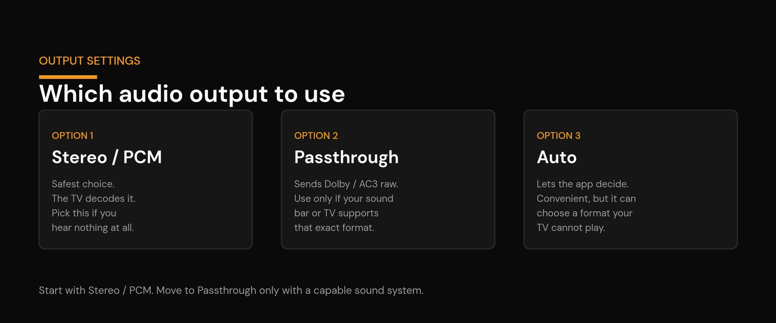 IPTV No Sound? How to Fix Missing Audio on Any Player (2026) IPTV no sound audio output modes stereo PCM passthrough and auto compared