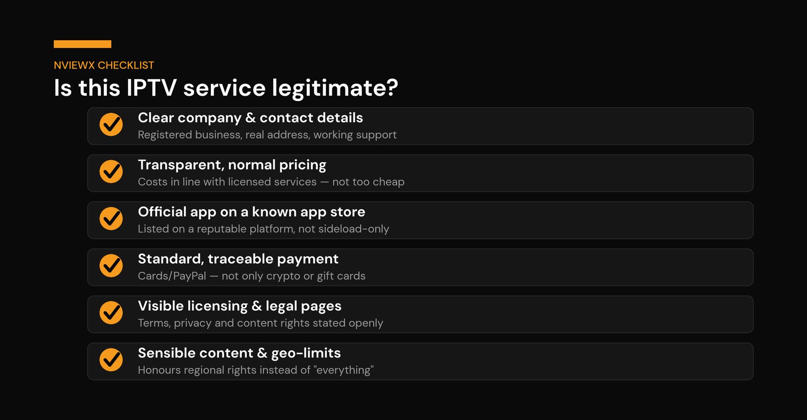 How to Get a Legal IPTV Service the Safe Way (2026 Guide) Checklist showing how to tell if an IPTV service is legitimate and properly licensed